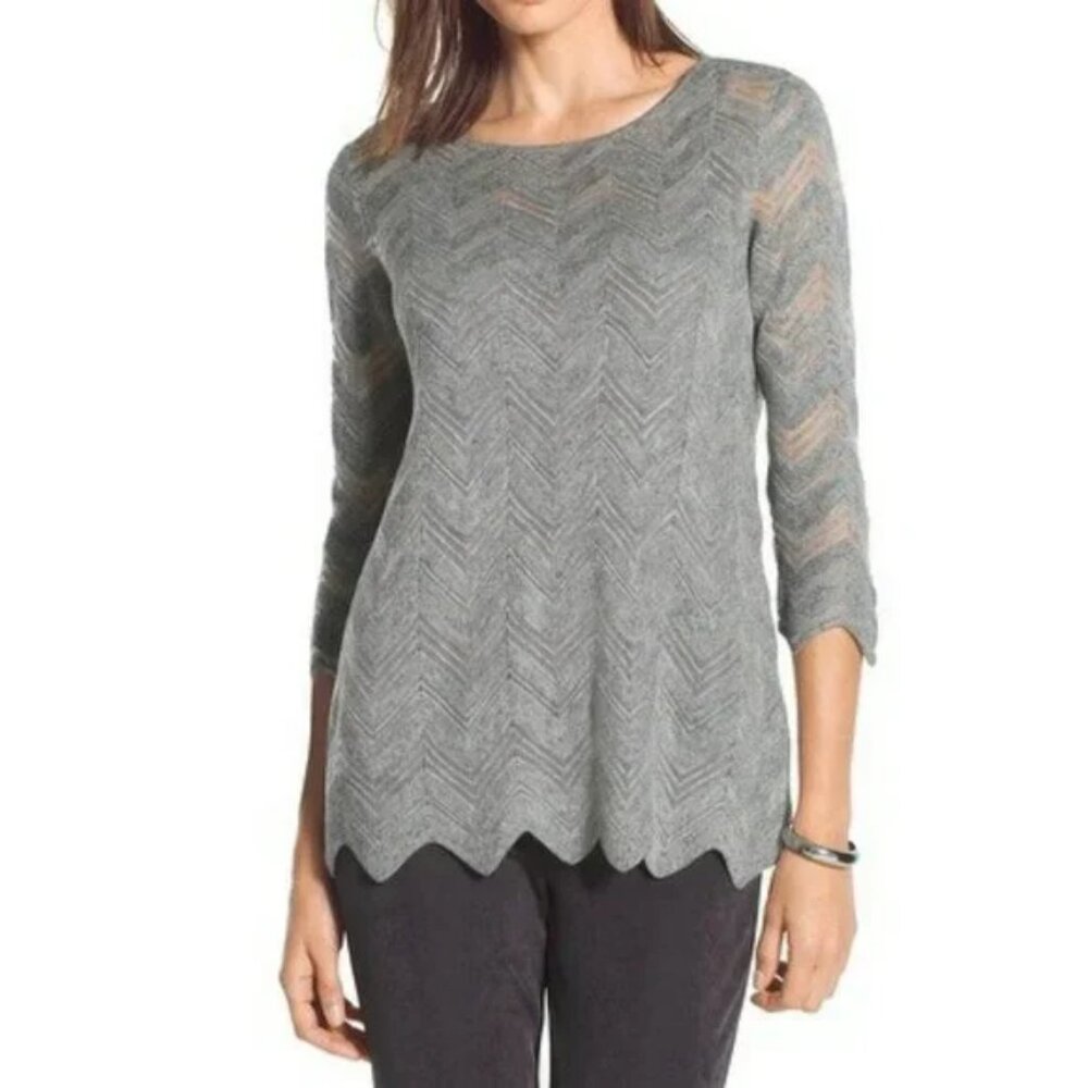 Chicos Travelers Gray Neutral Chevron Pointelle Mesh Knit Sweater 2 US 10-12 L